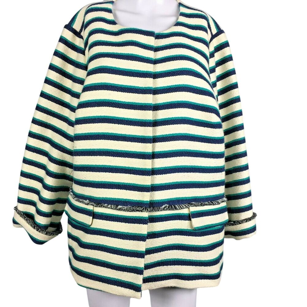Talbots Blazer Jacket Womens Sz 22 WP Petite Beige Striped Cotton Fringe
